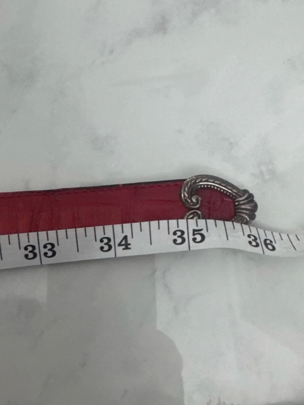 Silver-Tone Ornate Western Belt Buckle with red black Leather Strap